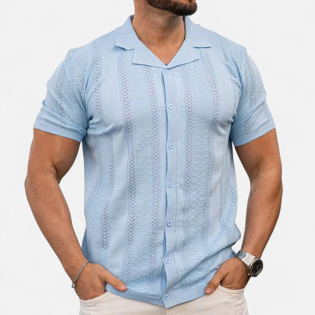 men's slim knit polo with cuban collar and chevron panel short sleeves