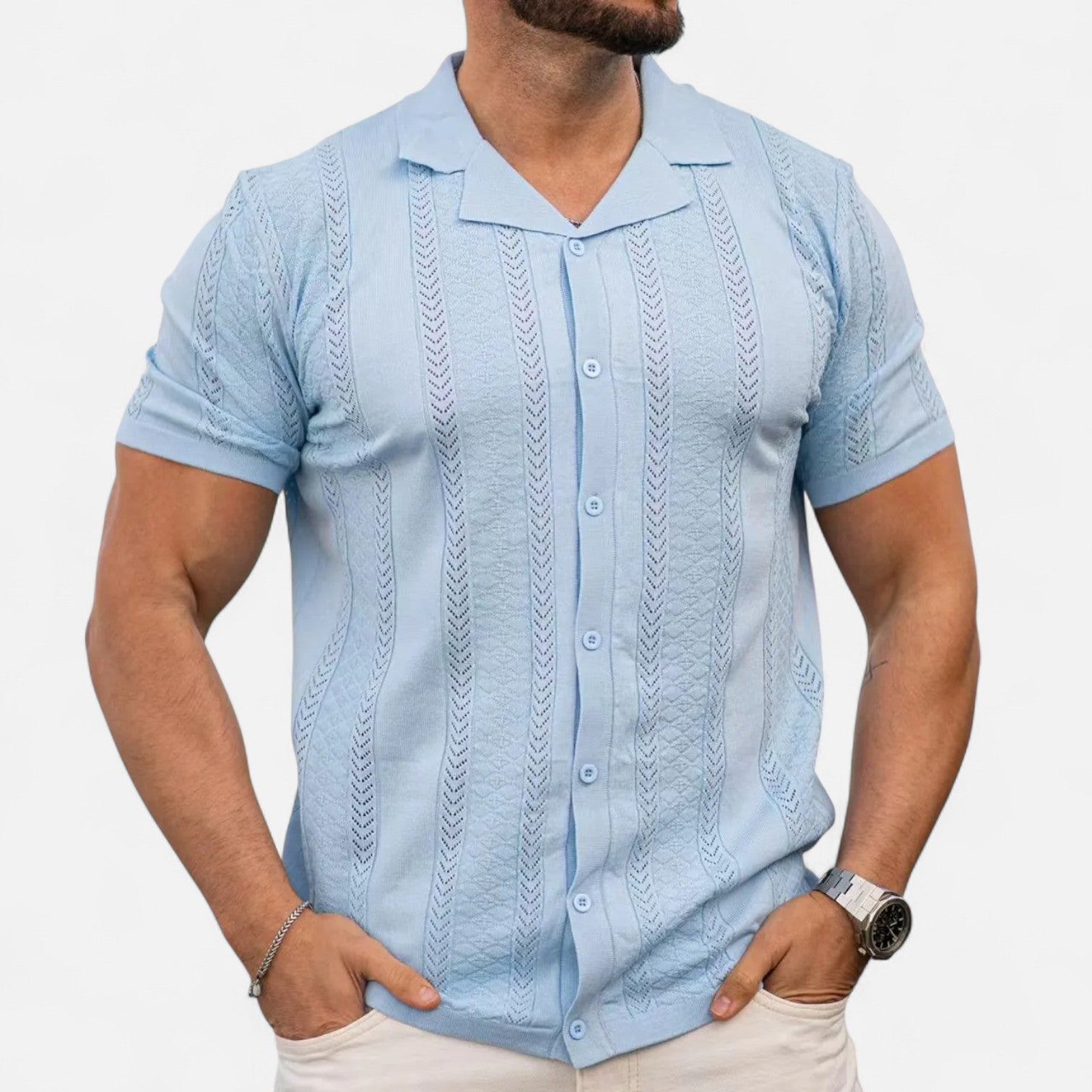 men's slim knit polo with cuban collar and chevron panel short sleeves
