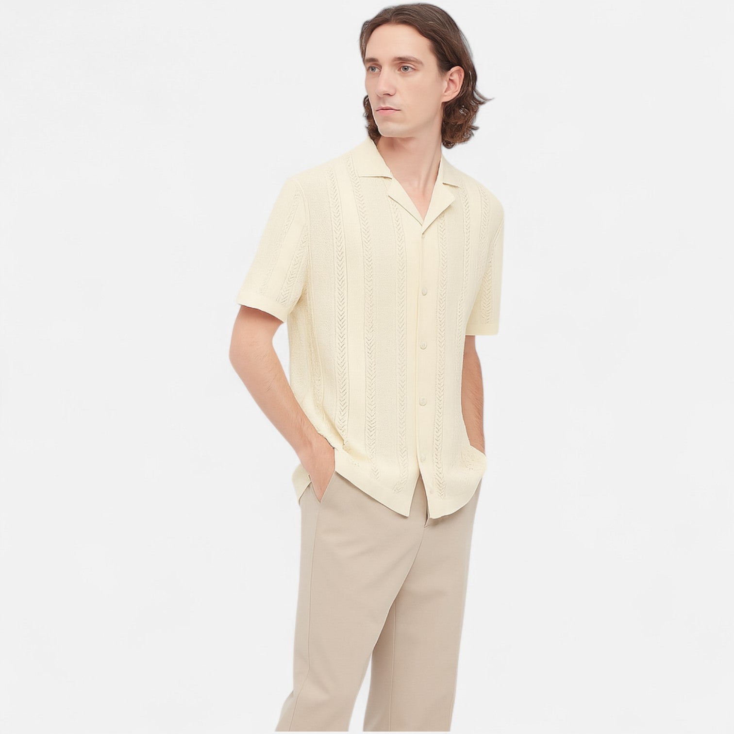 men's slim knit polo with cuban collar and chevron panel short sleeves