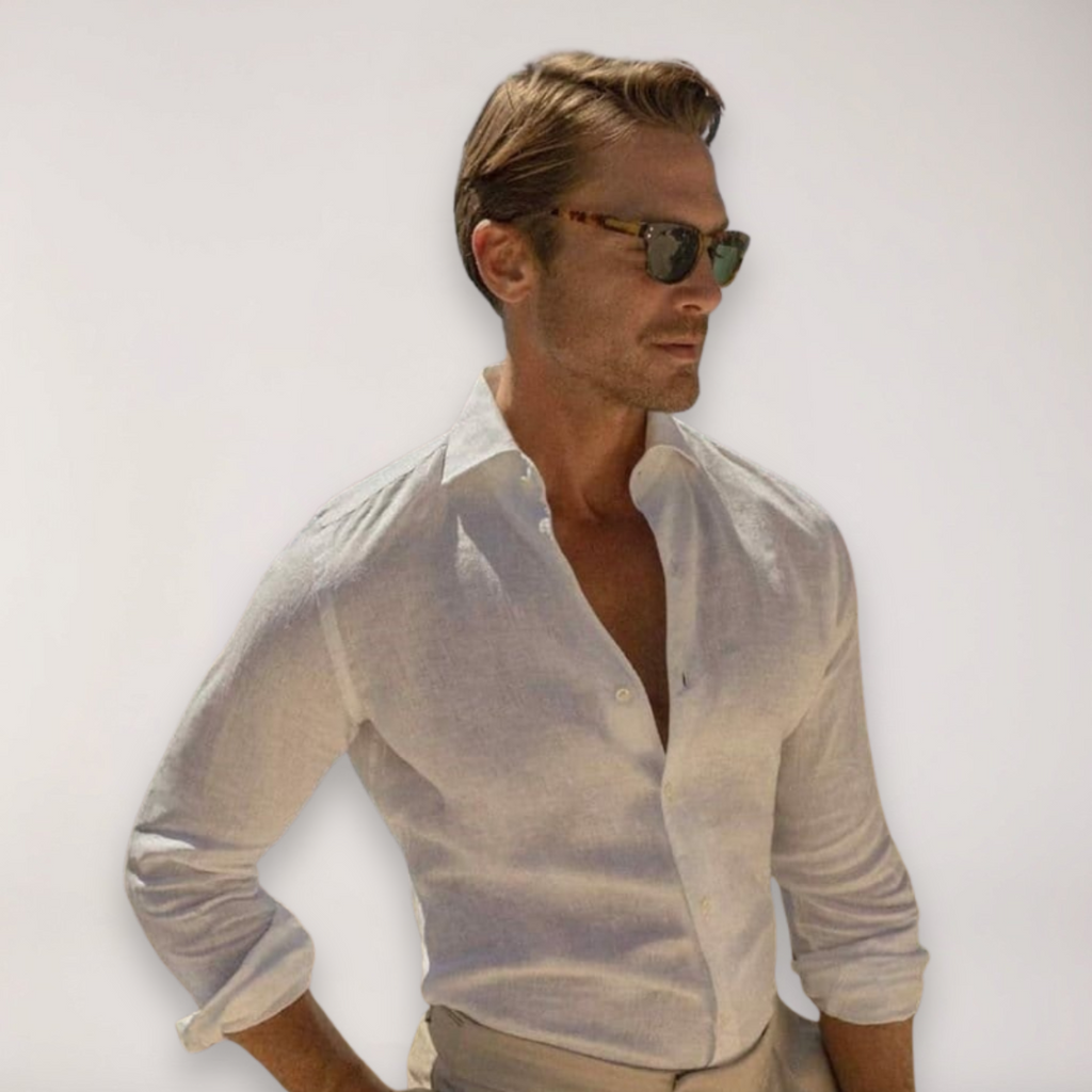 men's linen tailored button-up shirt with hobby collar for versatile styling