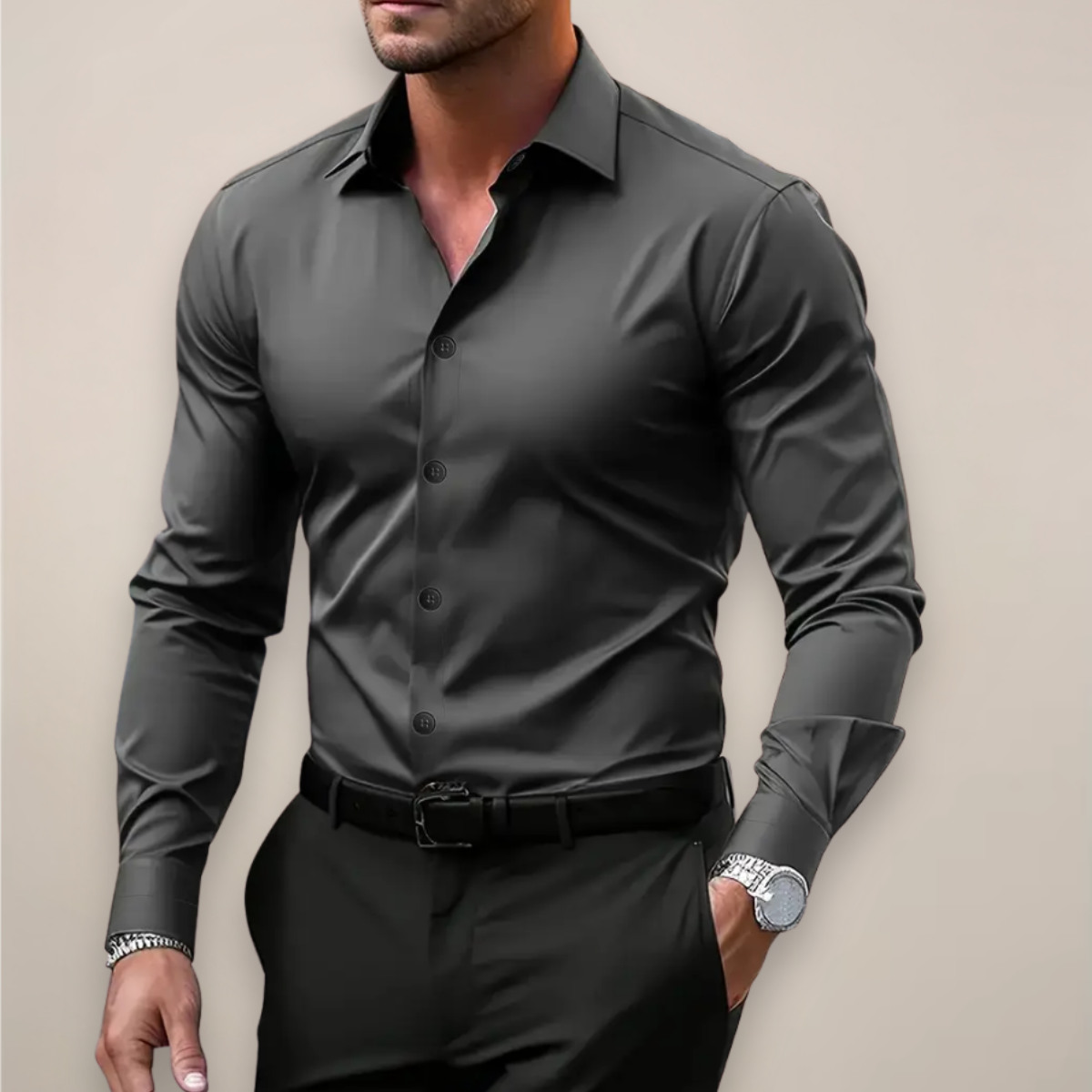 men's long-sleeve shirt with classic notched collar, versatile smart style