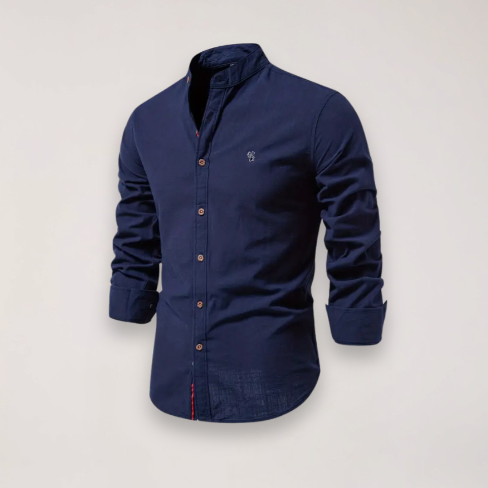 men's long sleeve stand collar shirt with embroidered design for smart casual