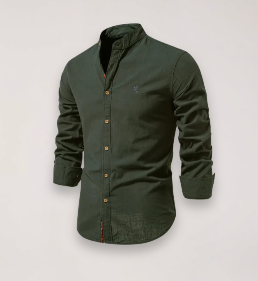 men's long sleeve stand collar shirt with embroidered design for smart casual