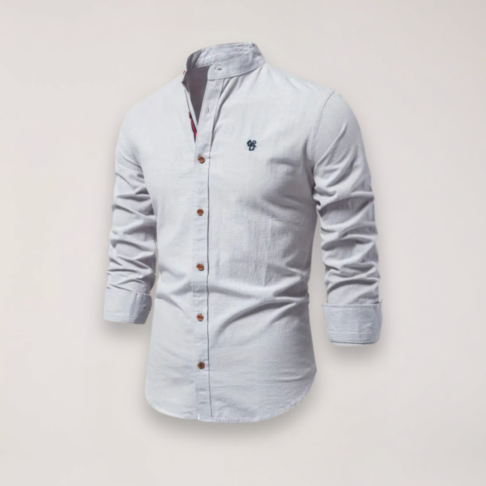 men's long sleeve stand collar shirt with embroidered design for smart casual
