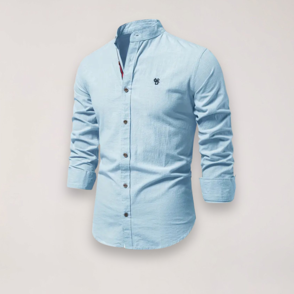 men's long sleeve stand collar shirt with embroidered design for smart casual