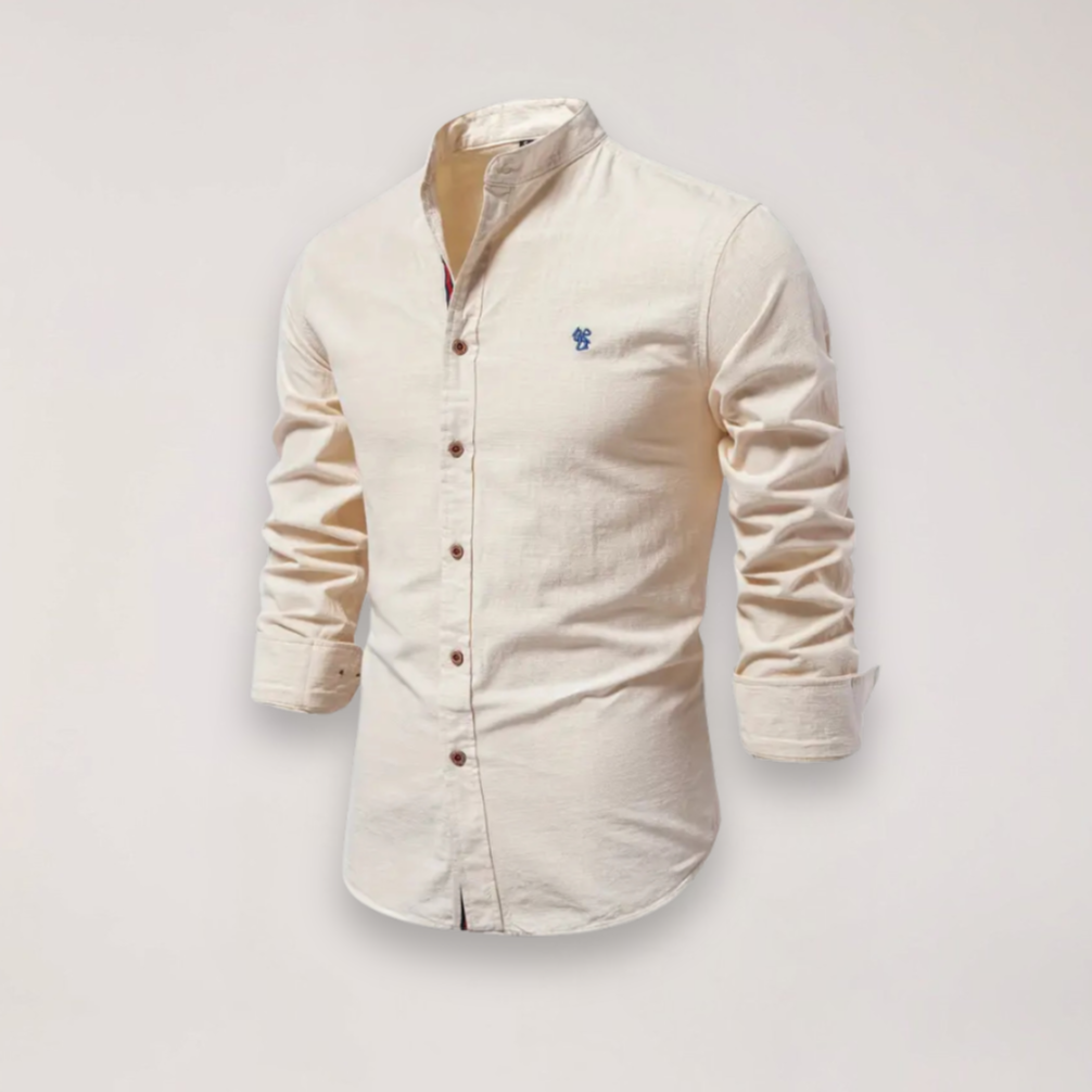 men's long sleeve stand collar shirt with embroidered design for smart casual
