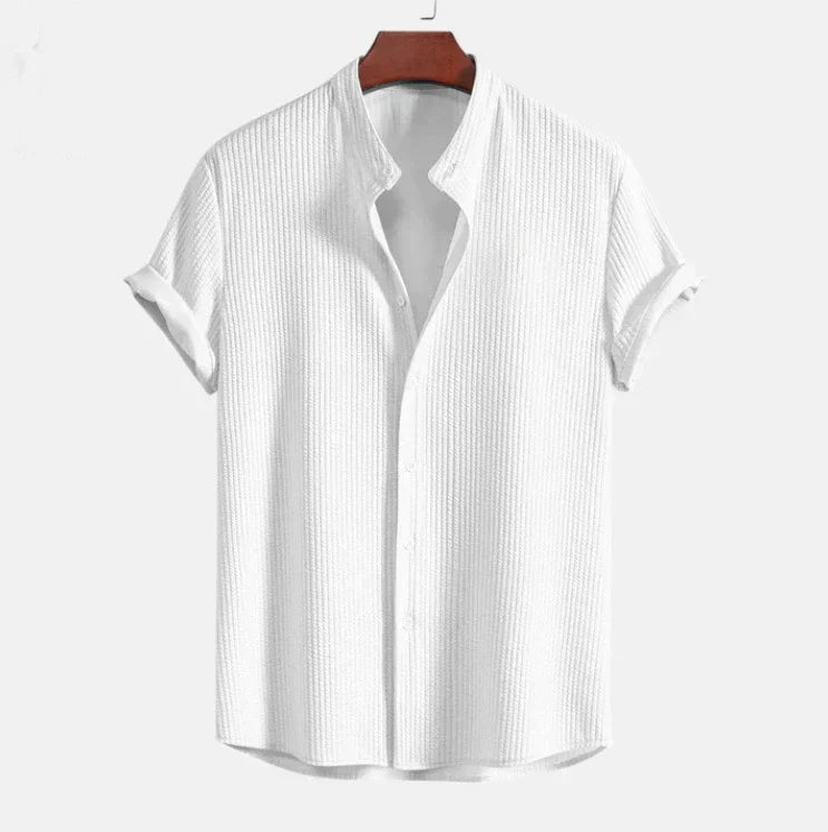 mandarin collar short sleeve shirt for men, relaxed fit
