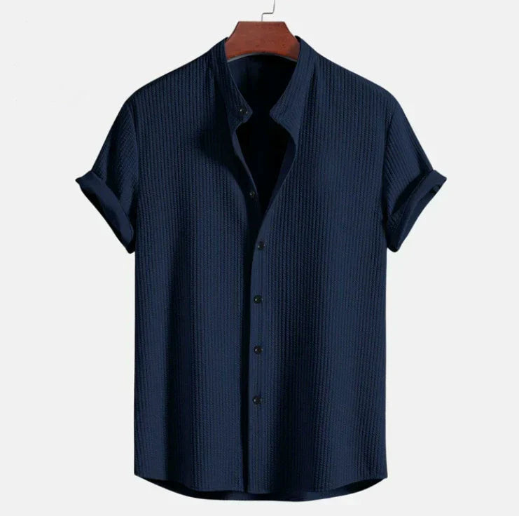 mandarin collar short sleeve shirt for men, relaxed fit