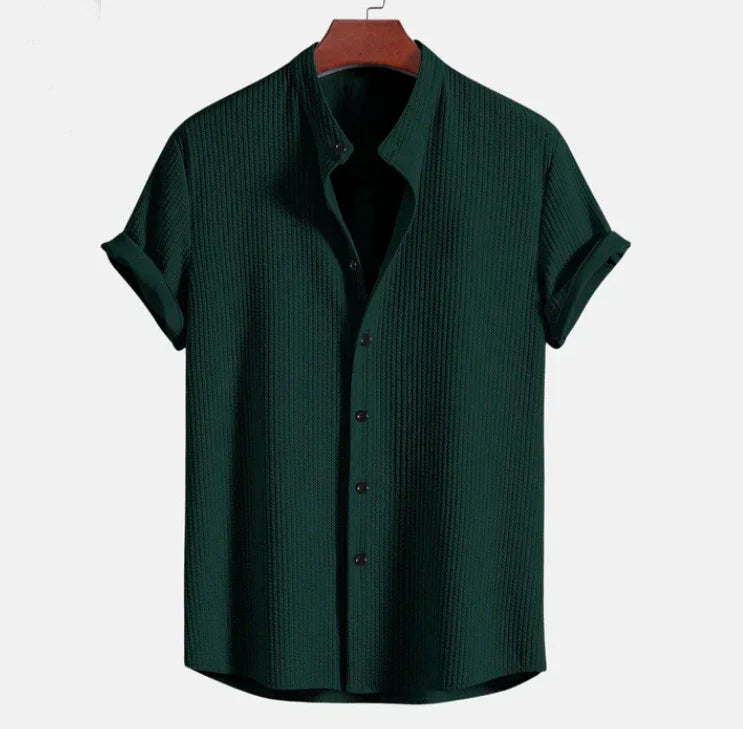mandarin collar short sleeve shirt for men, relaxed fit