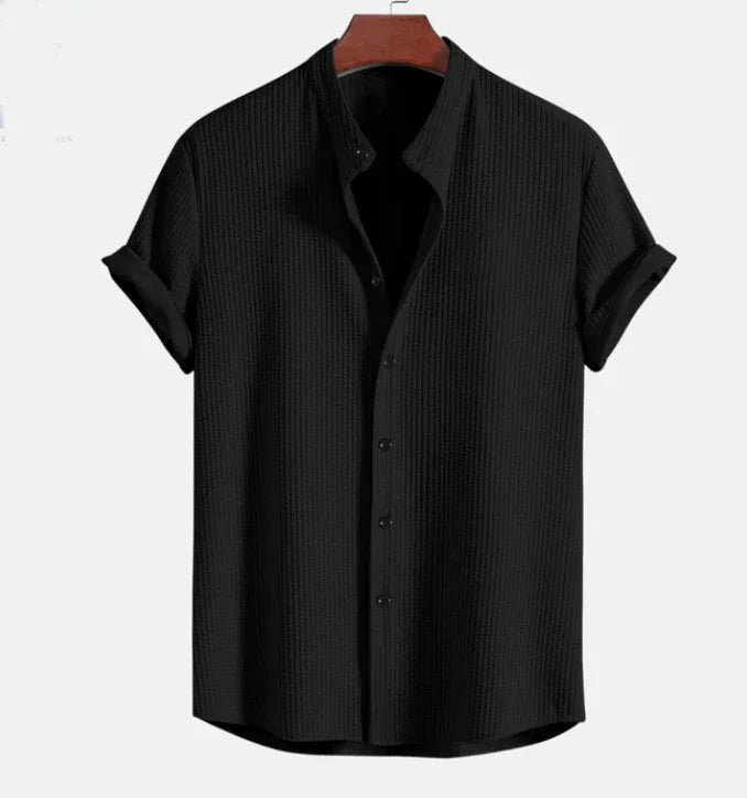 mandarin collar short sleeve shirt for men, relaxed fit