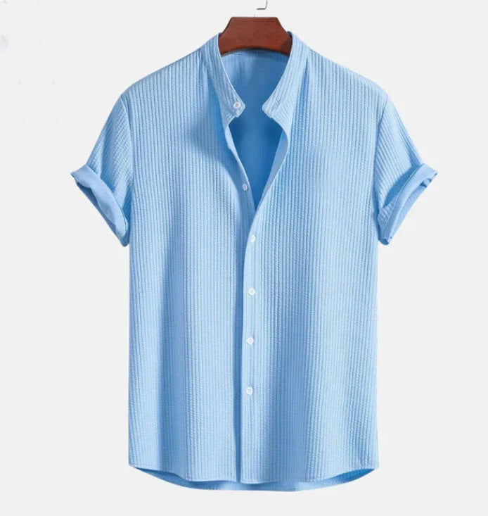 mandarin collar short sleeve shirt for men, relaxed fit