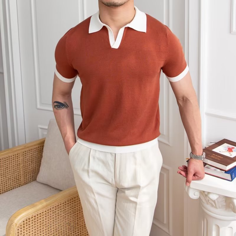 men's short sleeve knit polo shirt, regular fit with ribbed cuffs
