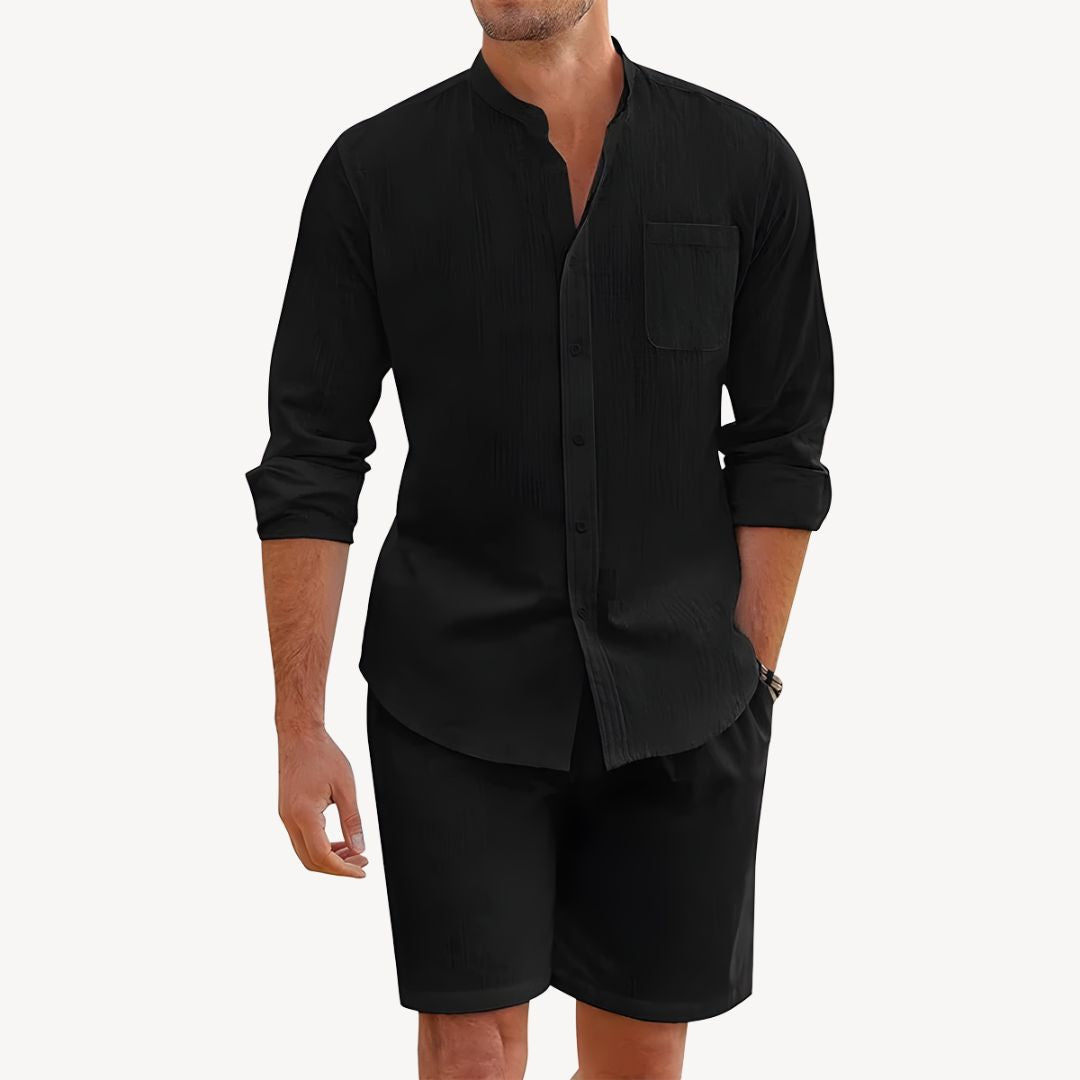 men's summer set button-up shirt and drawstring shorts lightweight relaxed fit