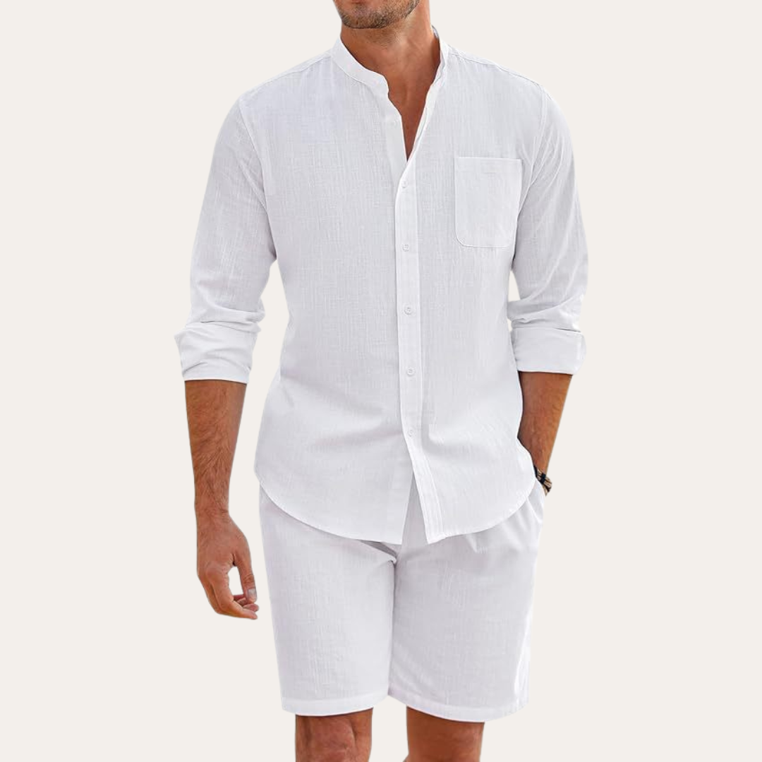men's two-piece summer set with long sleeve shirt and shorts, relaxed fit