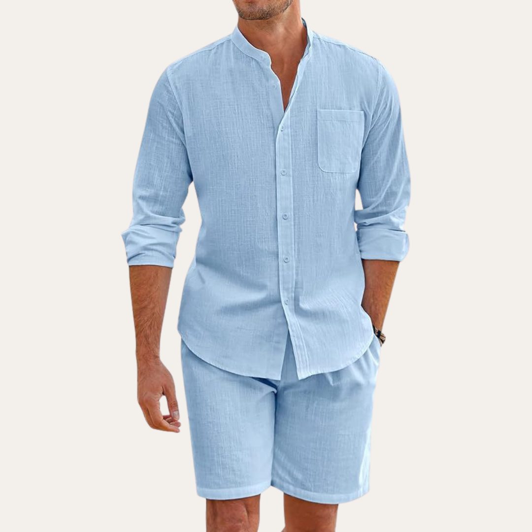 men's two-piece summer set with long sleeve shirt and shorts, relaxed fit