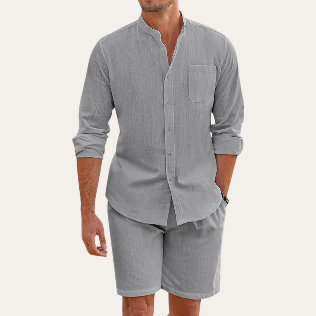 men's two-piece summer set with long sleeve shirt and shorts, relaxed fit