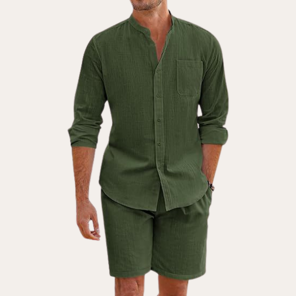 men's two-piece summer set with long sleeve shirt and shorts, relaxed fit