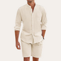 men's two-piece summer set with long sleeve shirt and shorts, relaxed fit