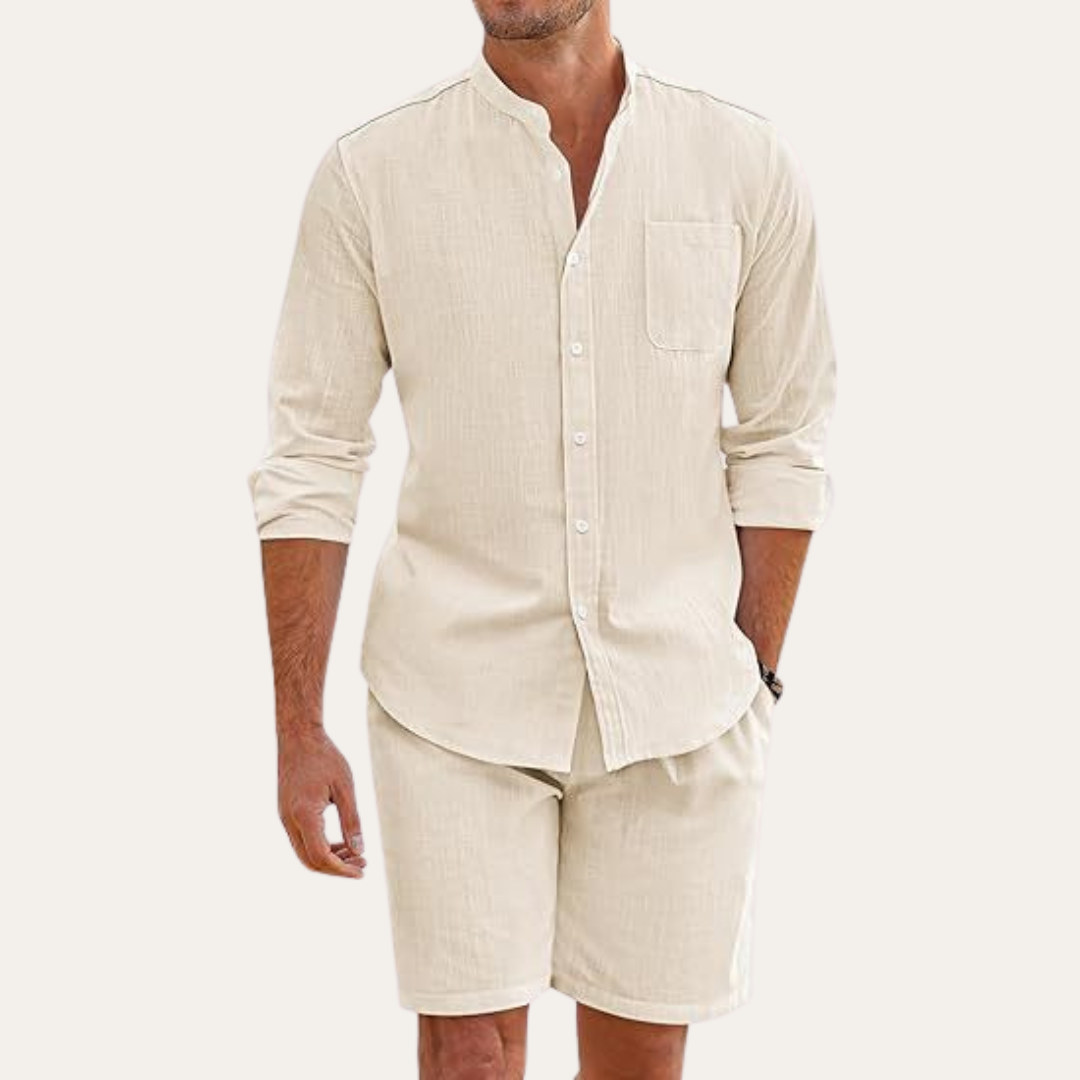 men's two-piece summer set with long sleeve shirt and shorts, relaxed fit