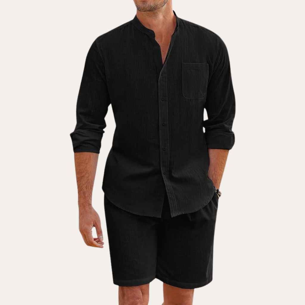 men's two-piece summer set with long sleeve shirt and shorts, relaxed fit