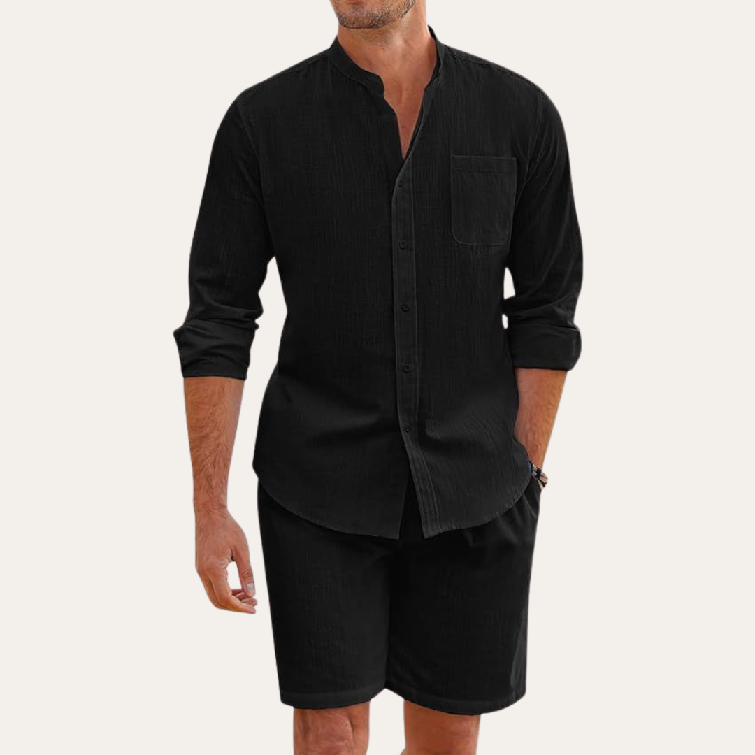 men's two-piece summer set with long sleeve shirt and shorts, relaxed fit