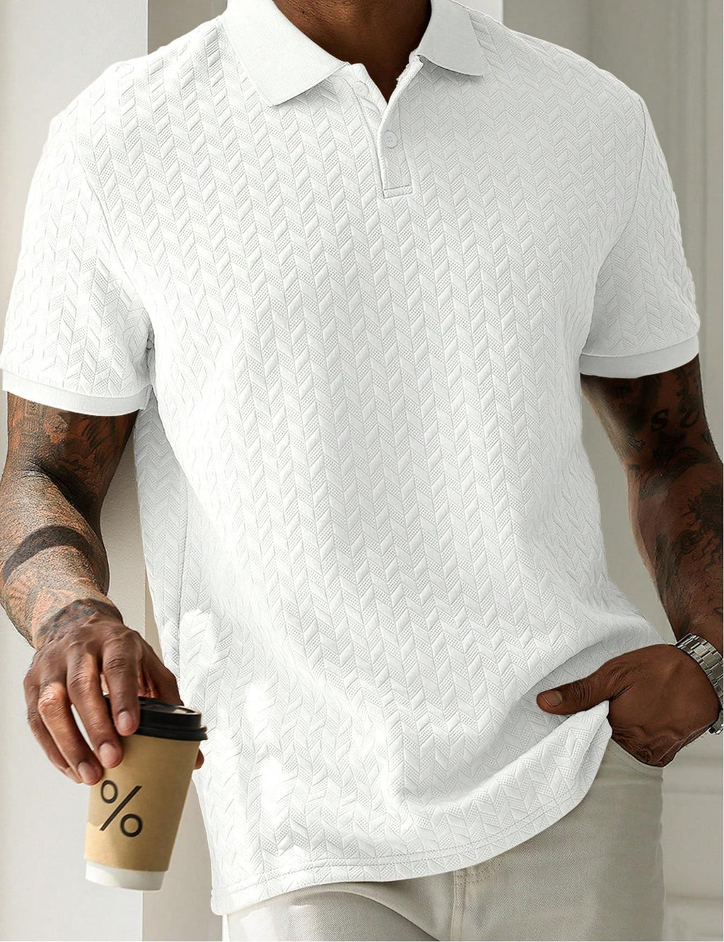 men's polo shirt short sleeve textured chevron knit with button placket