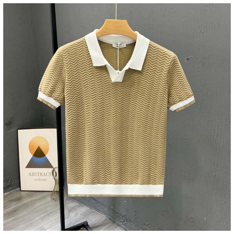 men's zigzag knit polo with contrasting collar and short sleeves