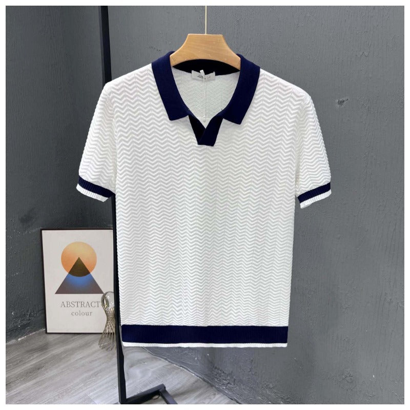 men's zigzag knit polo with contrasting collar and short sleeves