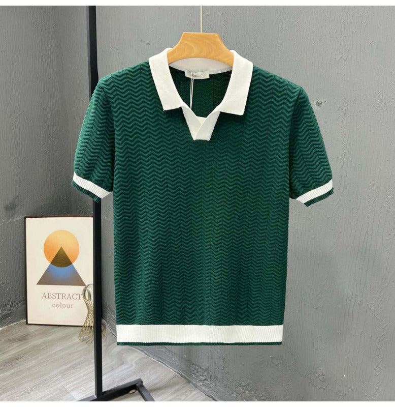 men's zigzag knit polo with contrasting collar and short sleeves