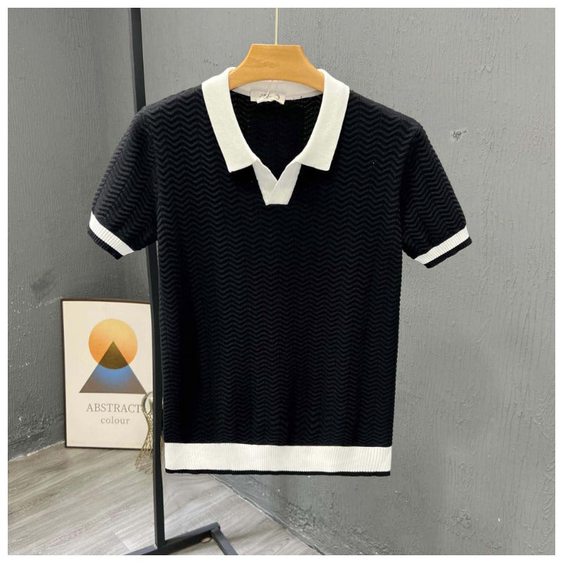 men's zigzag knit polo with contrasting collar and short sleeves