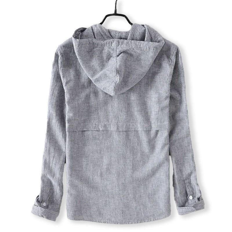 men's linen blend hooded shirt with long sleeves, drawstring hood, curved hem