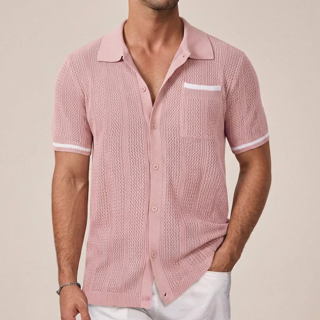 men's openwork short sleeve shirt with button-front camp collar contrast tips