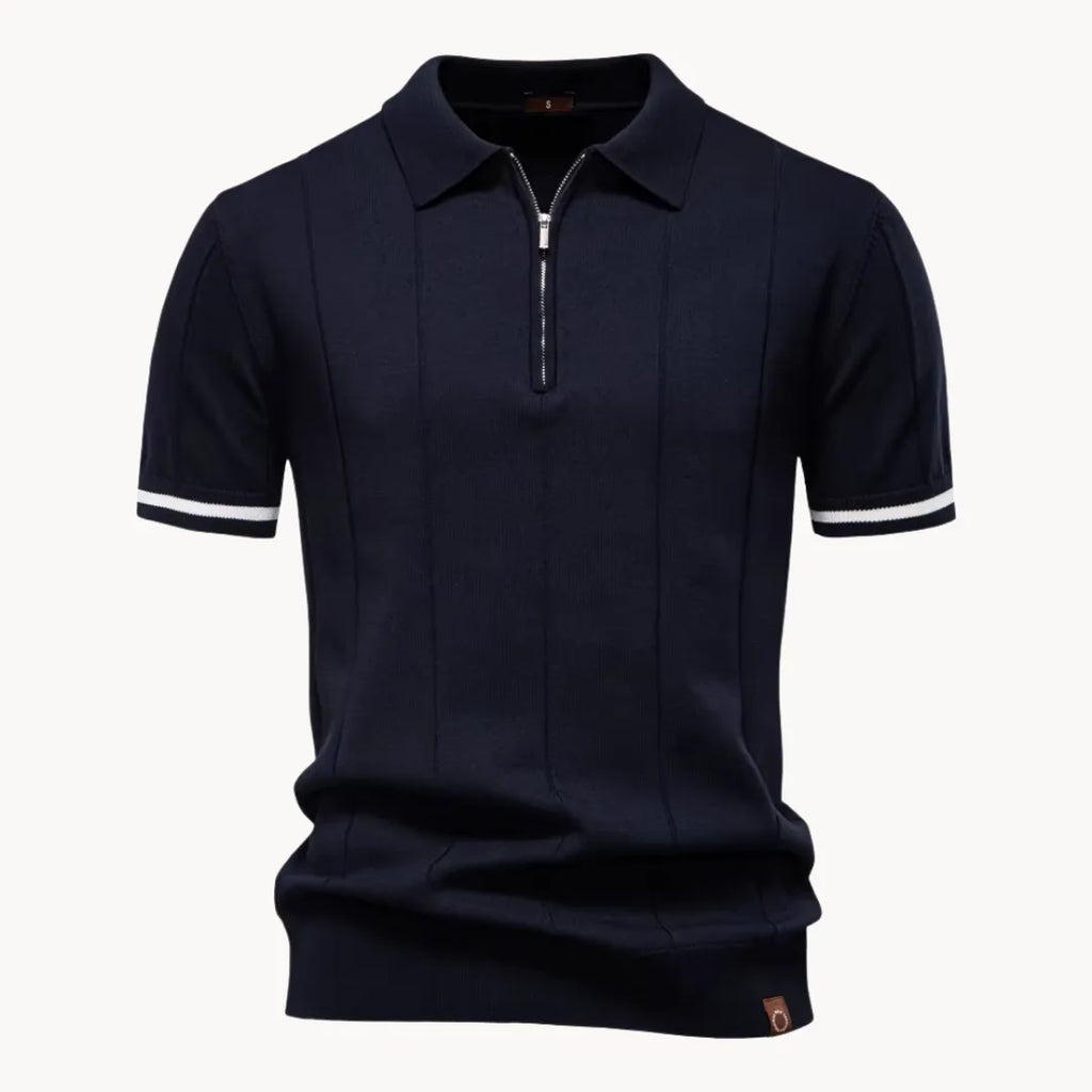 men's knit polo shirt with short sleeve and quarter zip ribbed hem