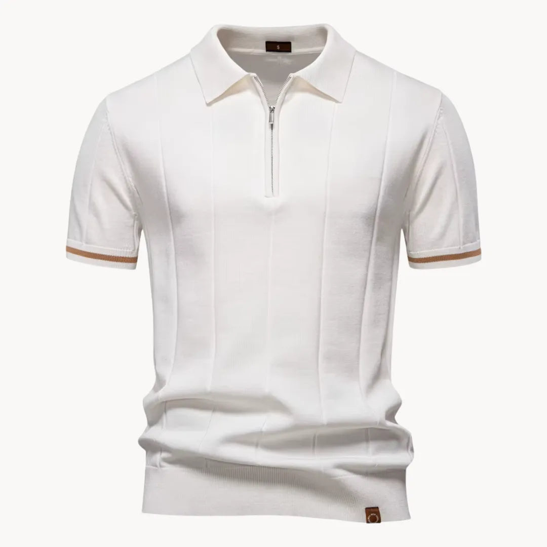 men's knit polo shirt with short sleeve and quarter zip ribbed hem