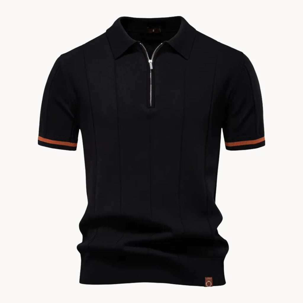 men's knit polo shirt with short sleeve and quarter zip ribbed hem
