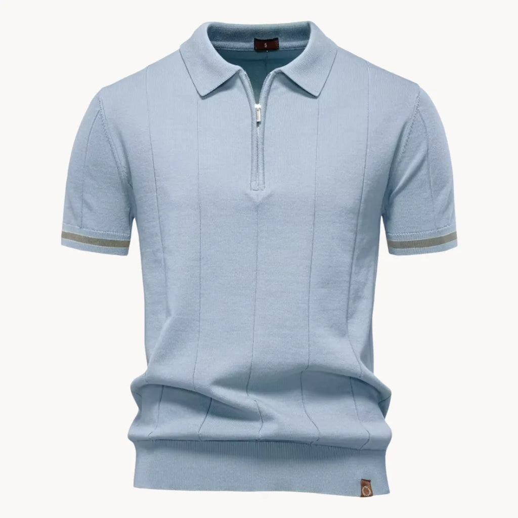 men's knit polo shirt with short sleeve and quarter zip ribbed hem