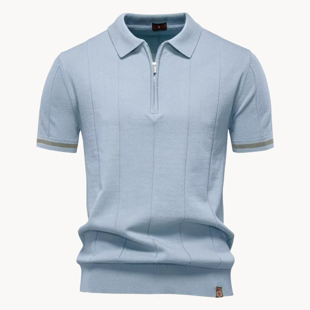 men's knit polo shirt with short sleeve and quarter zip ribbed hem