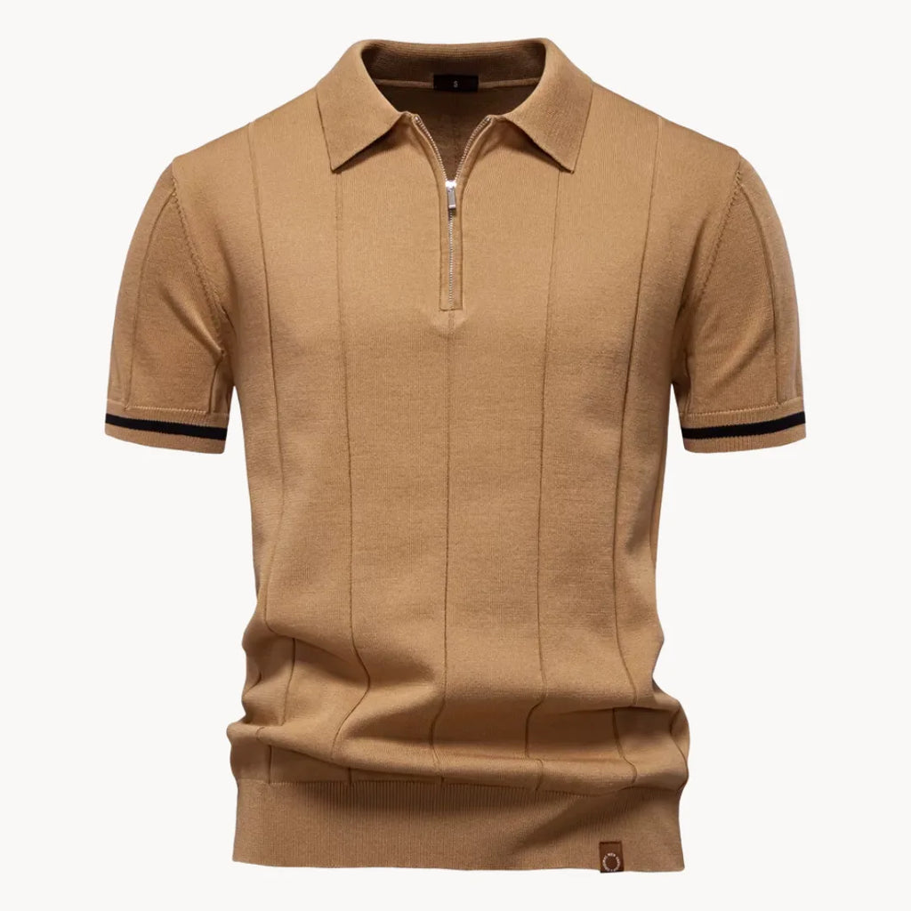 men's knit polo shirt with short sleeve and quarter zip ribbed hem