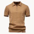 men's knit polo shirt with short sleeve and quarter zip ribbed hem