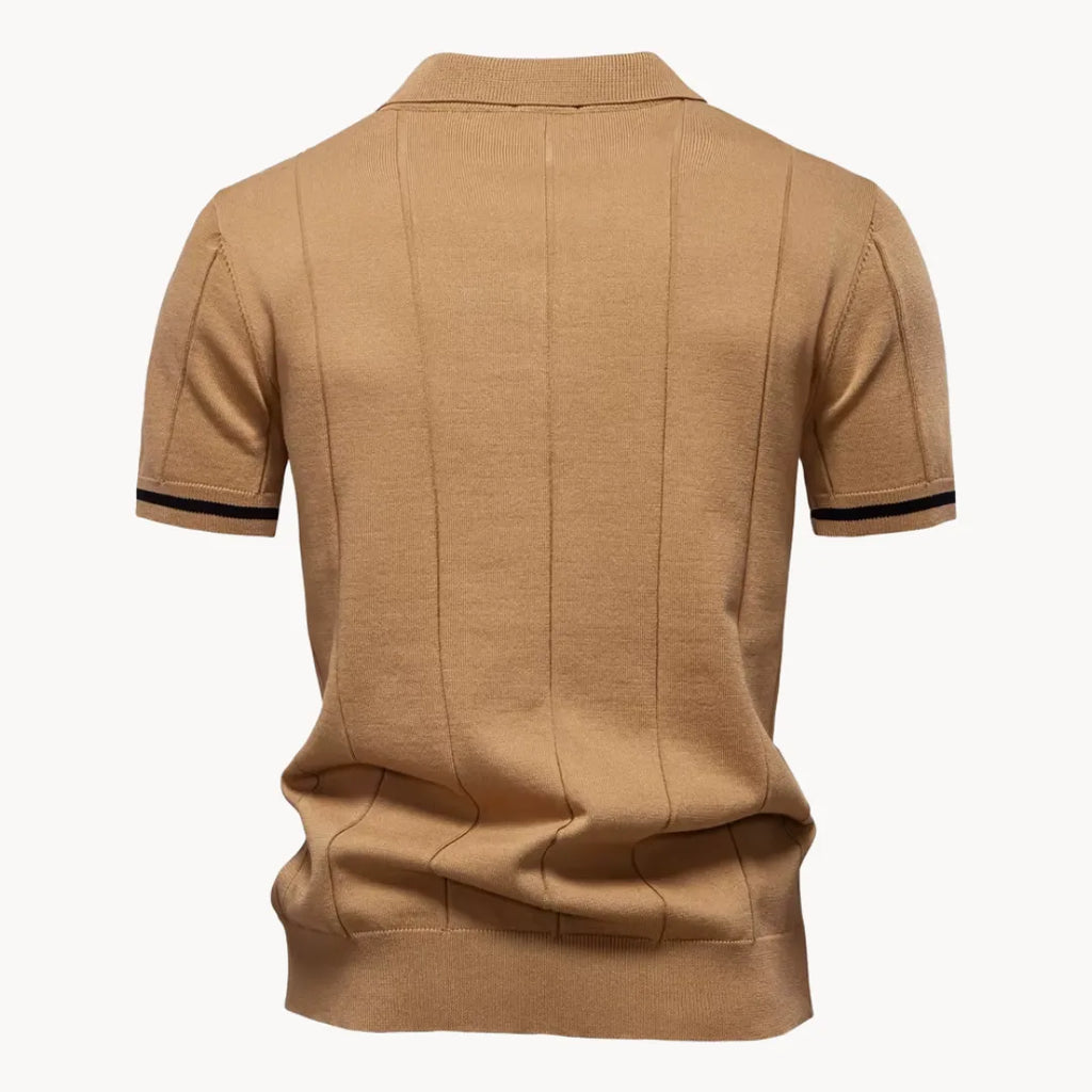 men's knit polo shirt with short sleeve and quarter zip ribbed hem