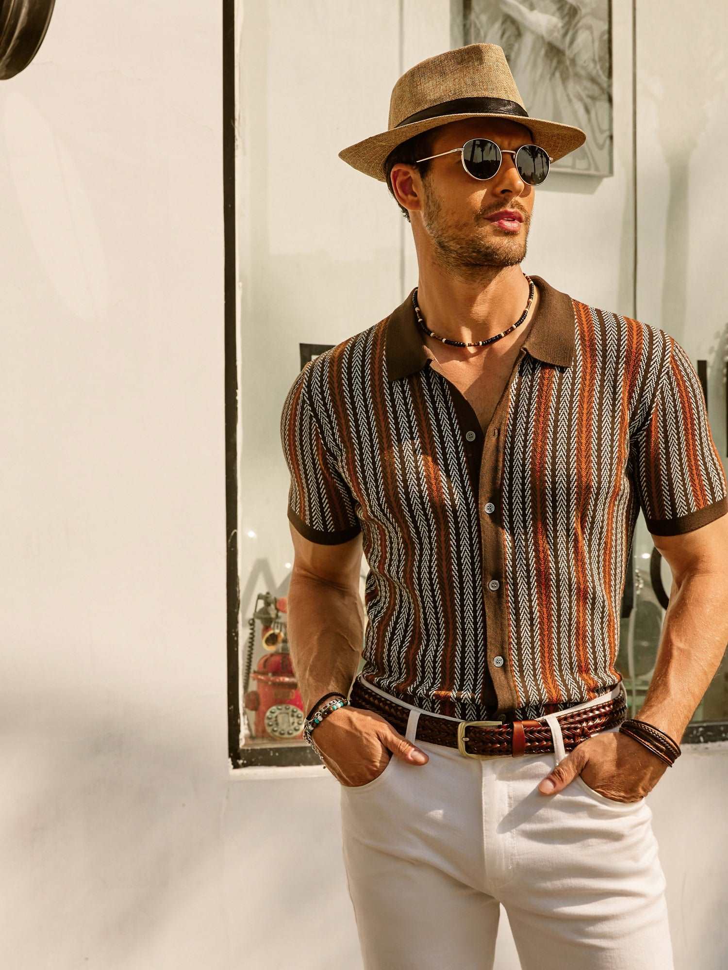 retro striped button-down polo shirt with short sleeves vintage look for men