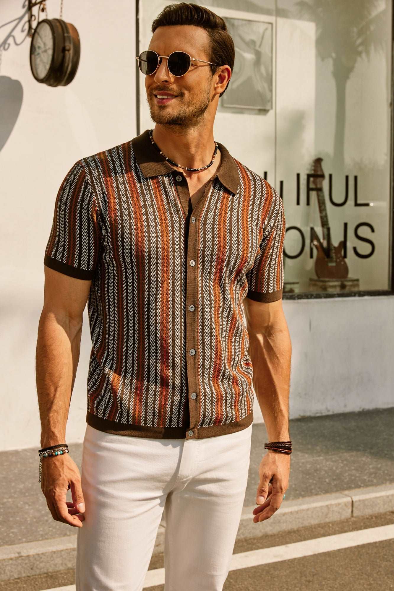 retro striped button-down polo shirt with short sleeves vintage look for men