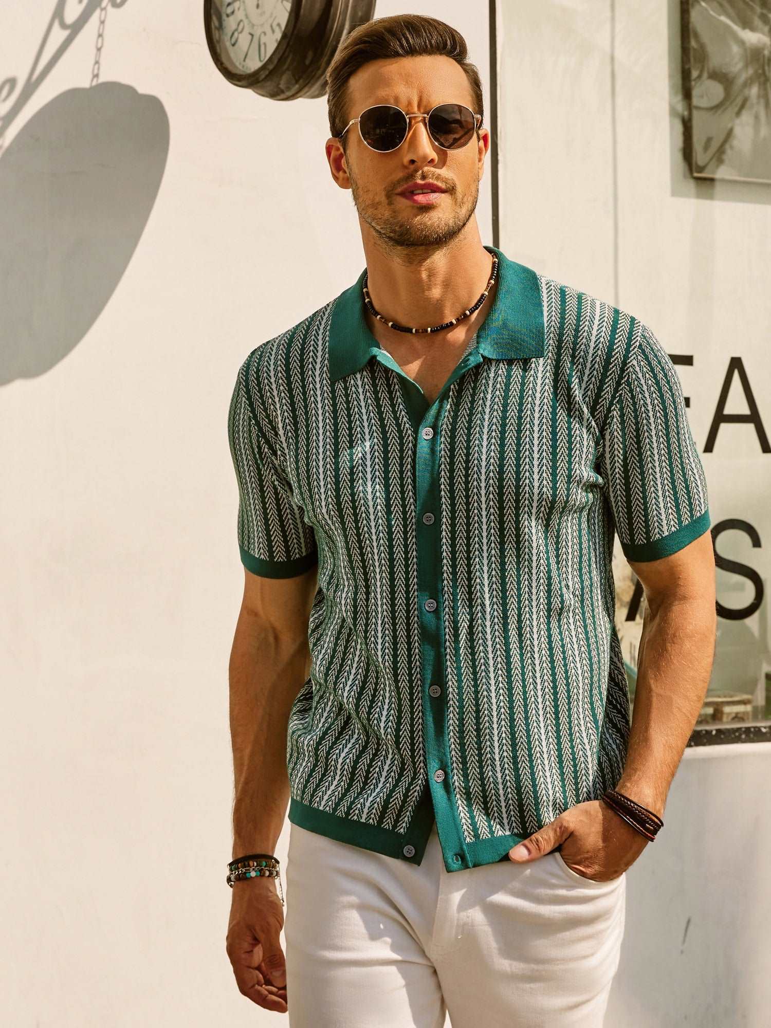 retro striped button-down polo shirt with short sleeves vintage look for men