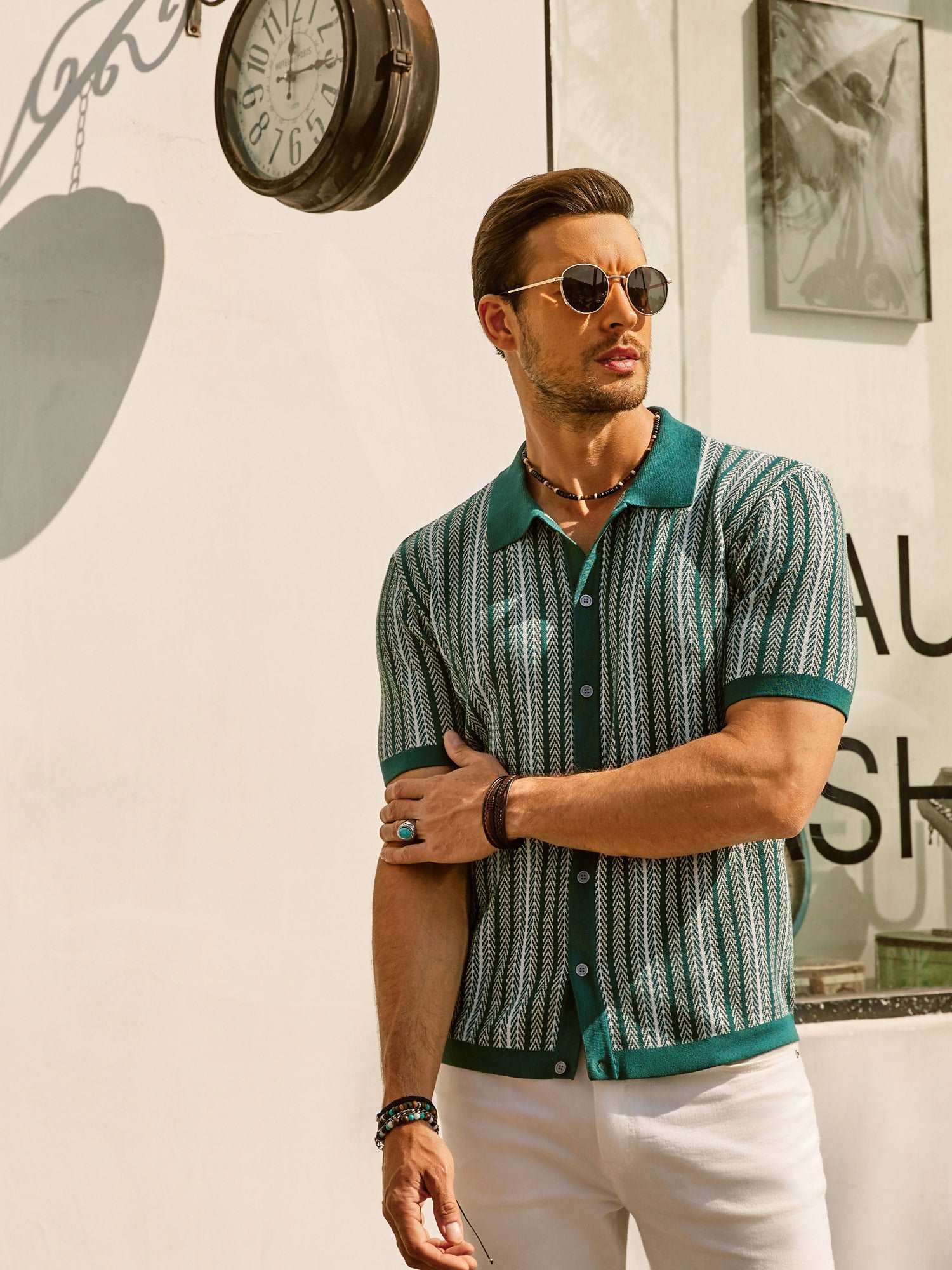 retro striped button-down polo shirt with short sleeves vintage look for men