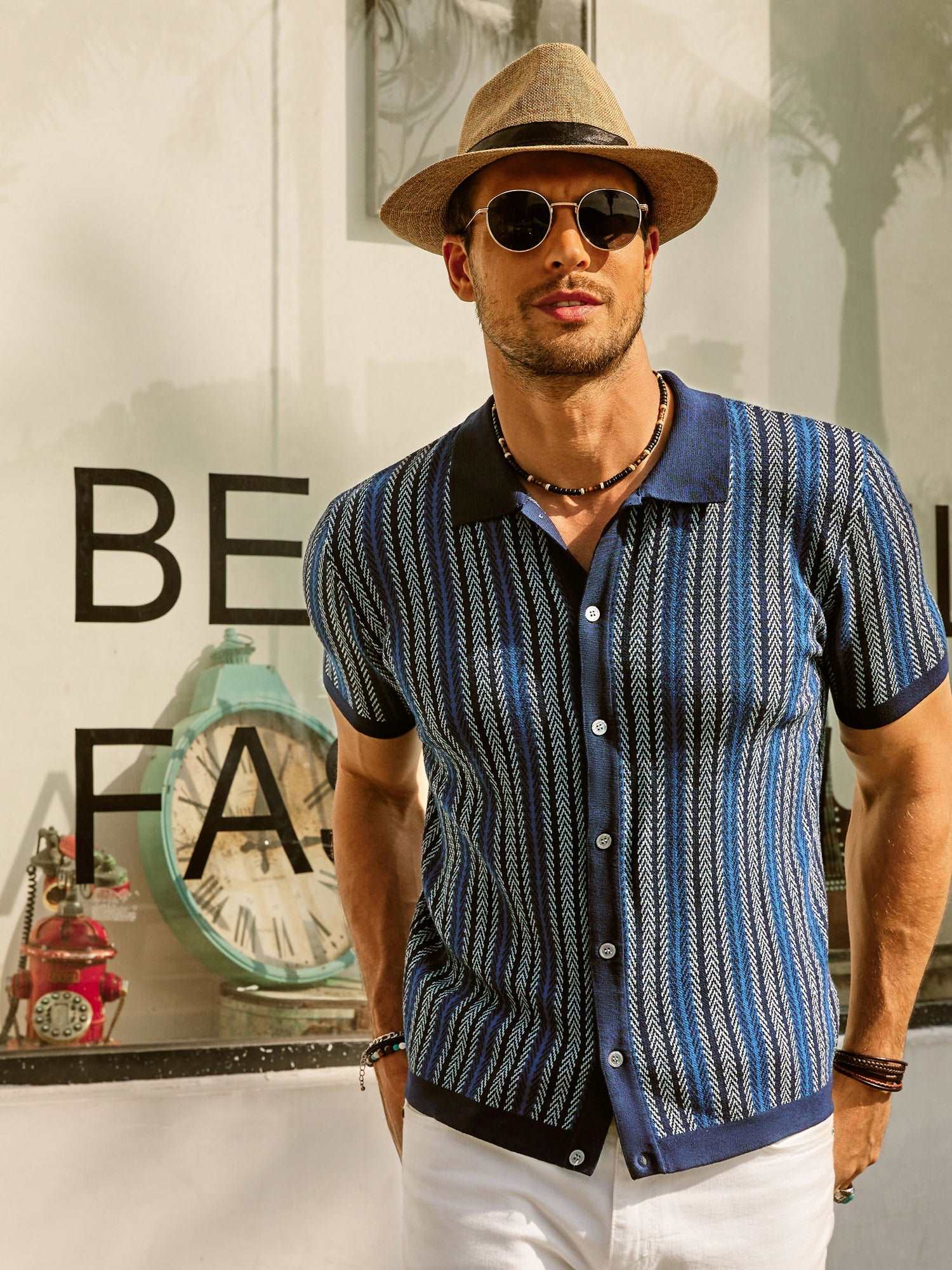 retro striped button-down polo shirt with short sleeves vintage look for men