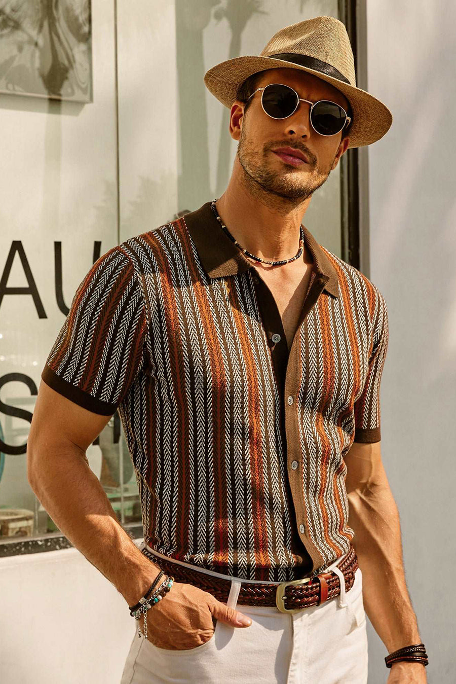 retro striped button-down polo shirt with short sleeves vintage look for men