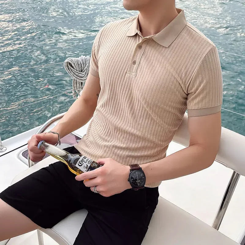 men's slim fit knit polo shirt with short sleeve point collar and ribbed texture
