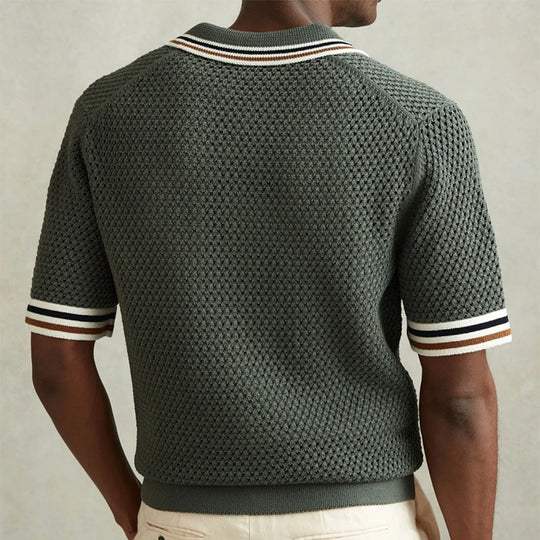 men's army green short sleeve knit polo with button front and chest pocket