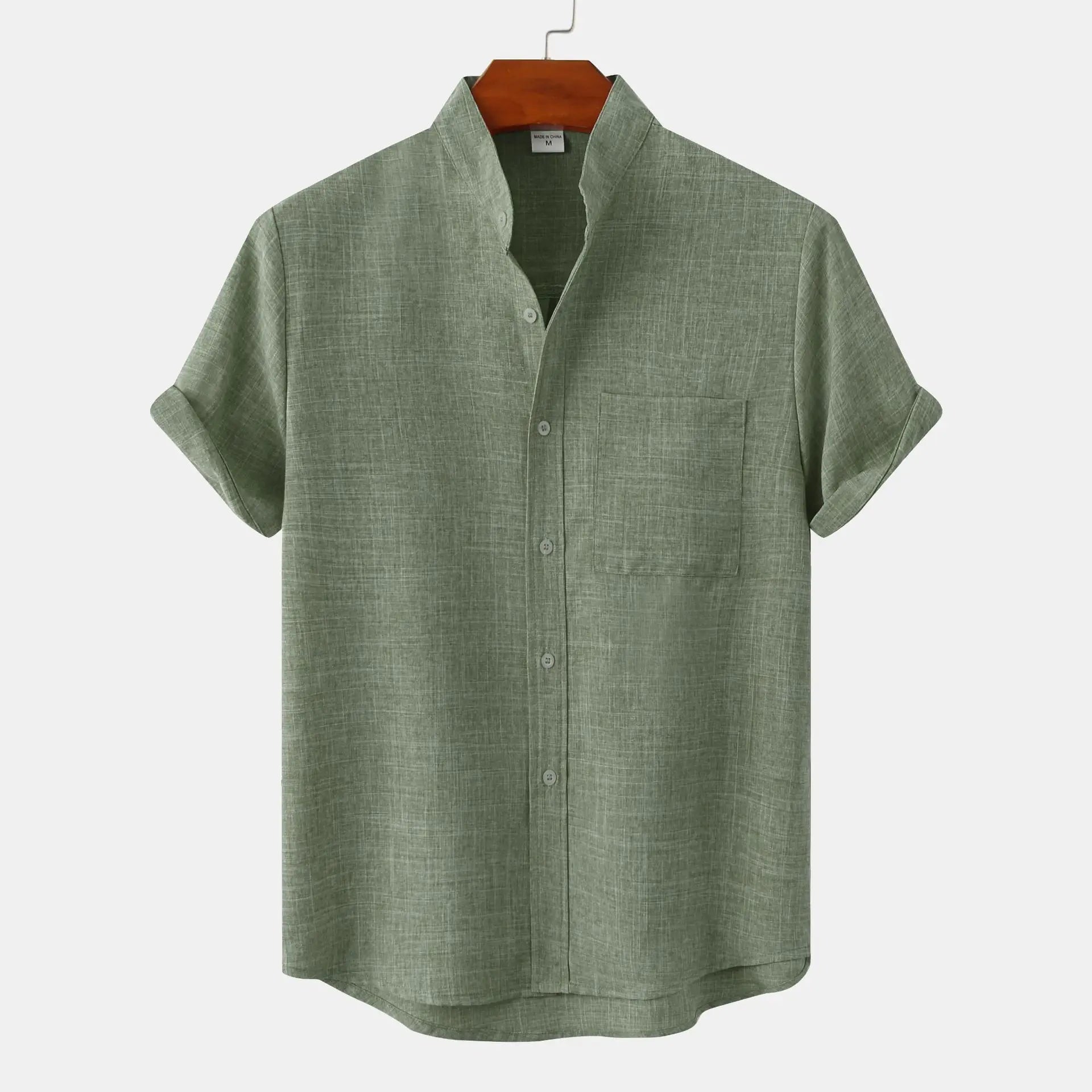 men's linen-blend short-sleeve shirt with band collar and button-down pocket