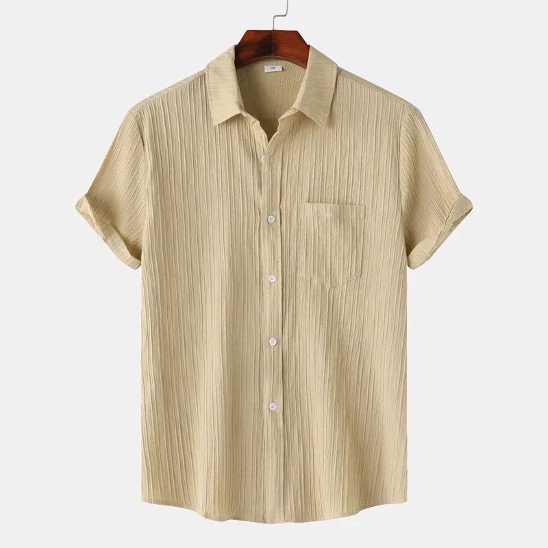 short sleeve button up shirt for men with polo collar and chest pocket